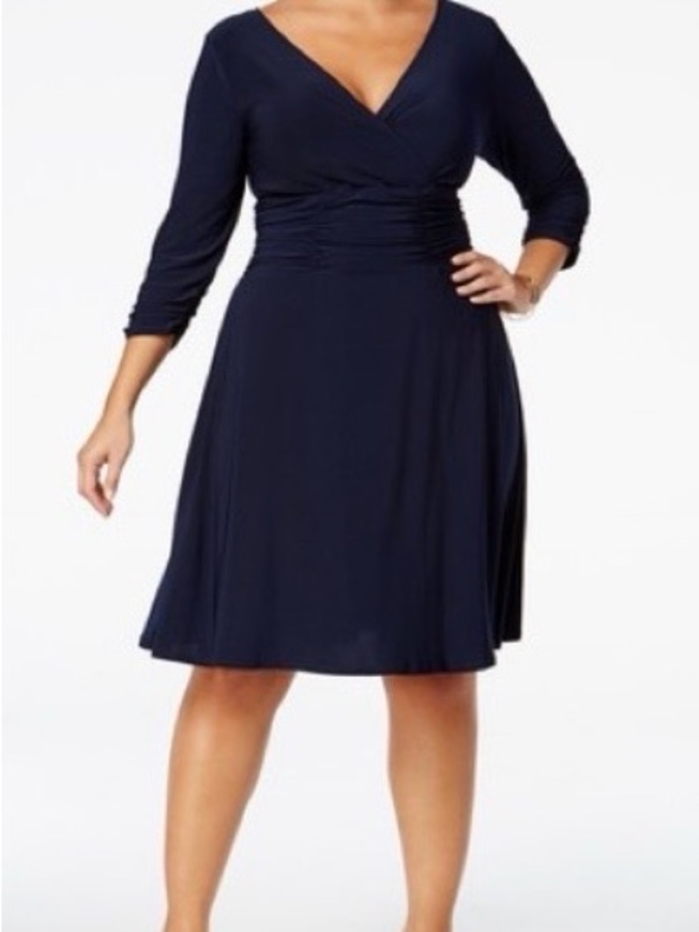 NY Collection Navy V-Neck Ruched-Waist Midi Dress